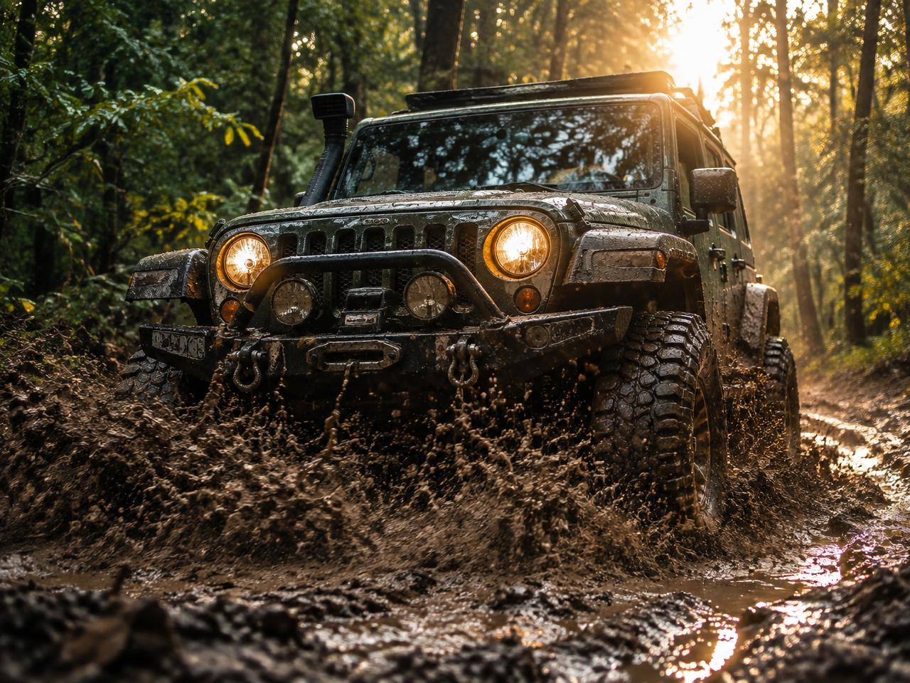 Jipe 4x4 atravessando trilha com lama
